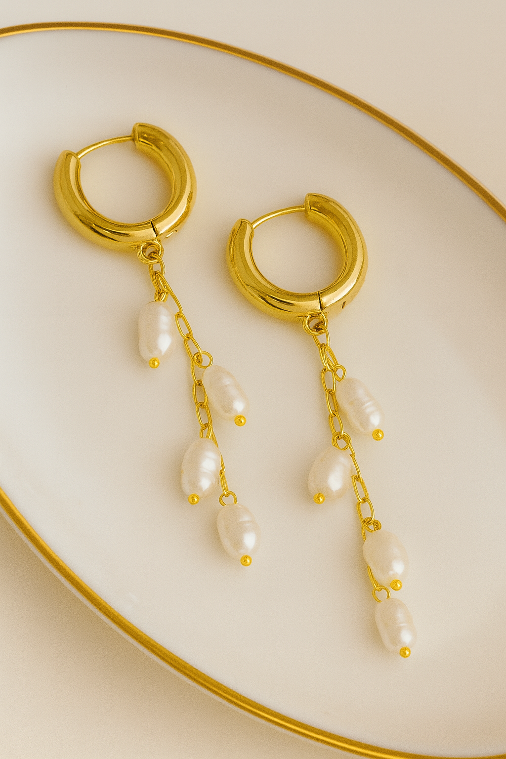 Gold Hoop Earrings with Pearl Chain Drops