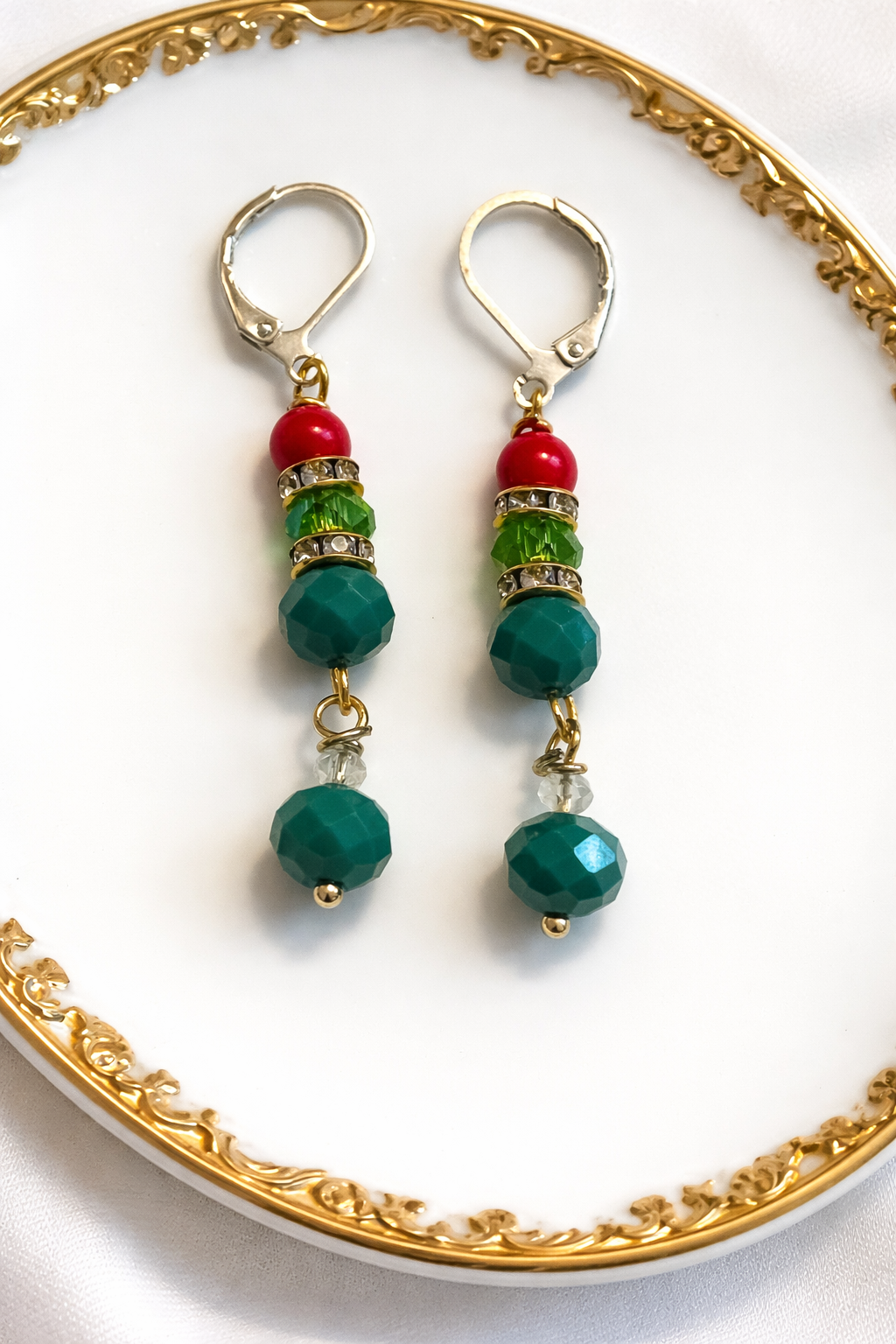 Festive Coral & Crystal Drop Earrings