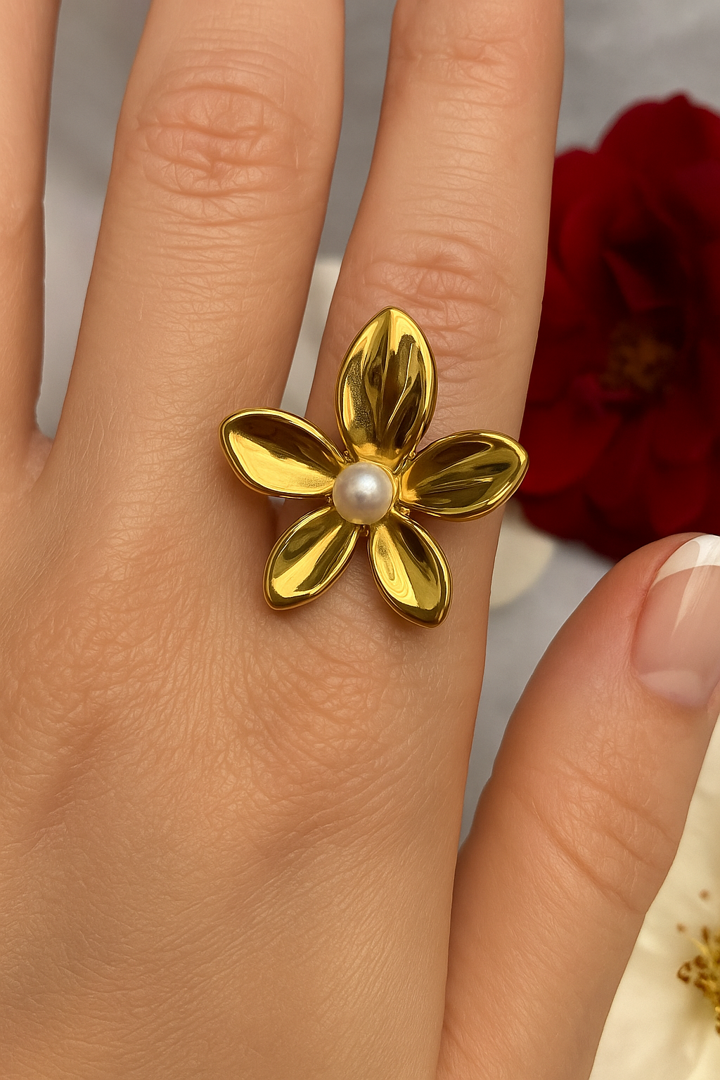 Golden Blossom Pearl Ring