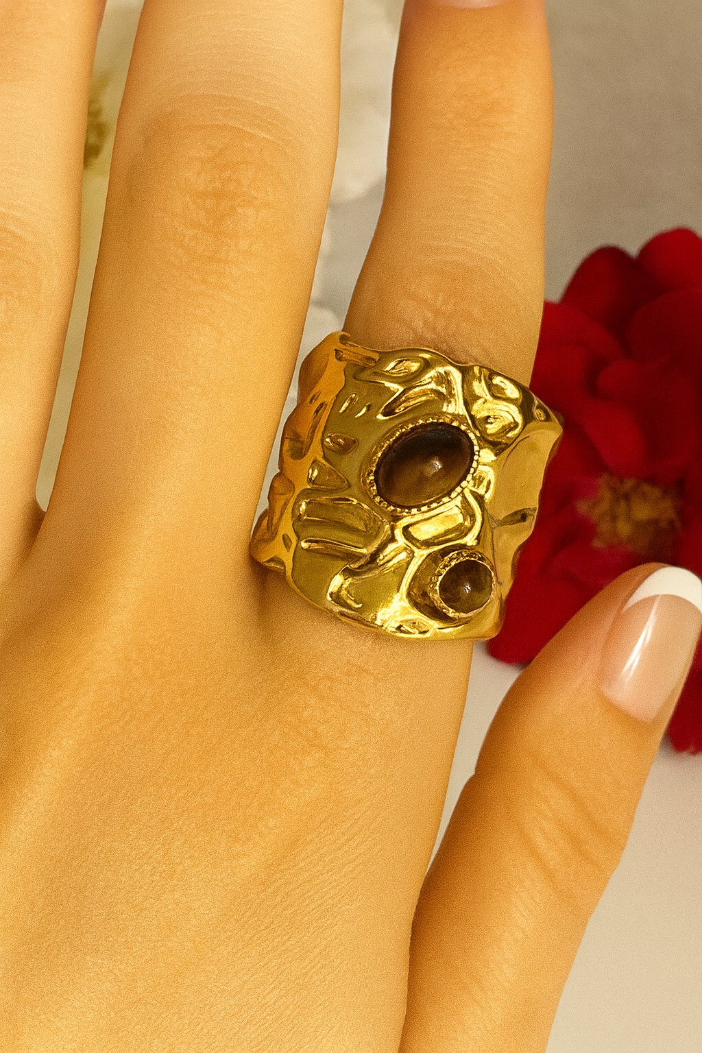Textured Gold Stainless Steel Ring with Stones
