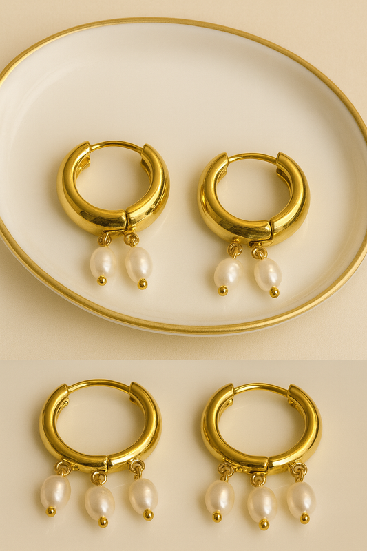 Gold Pearl Drop Hoop Earrings