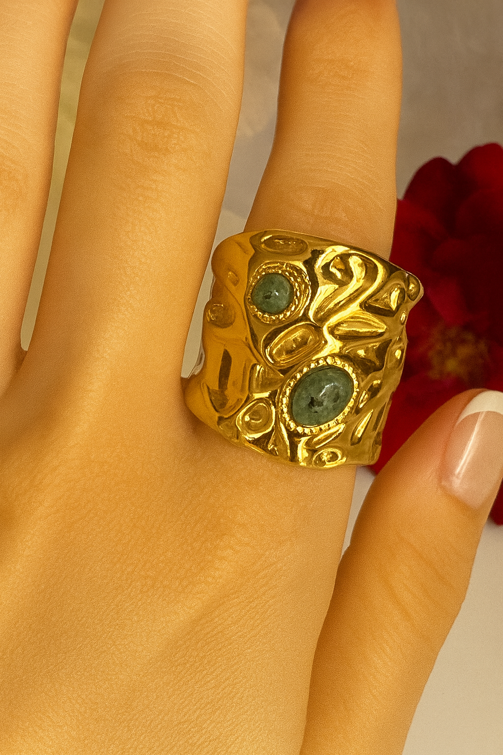 Gold Stainless Steel Cuff Ring with Green Stones