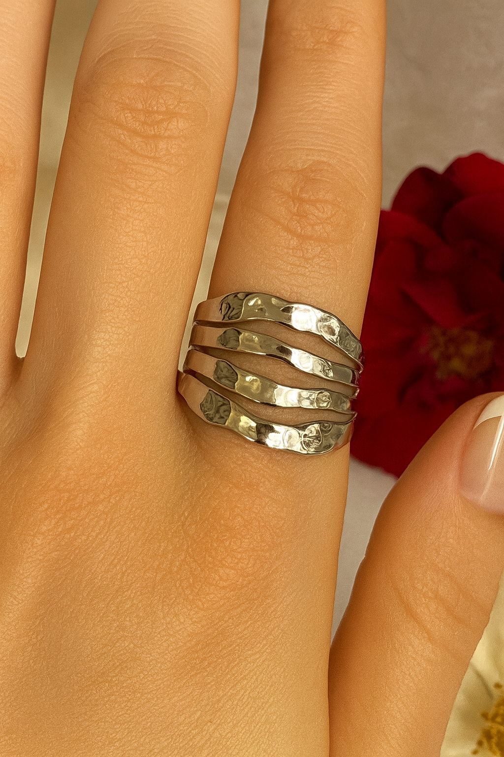 Hammered Silver Stainless Steel Cuff Ring
