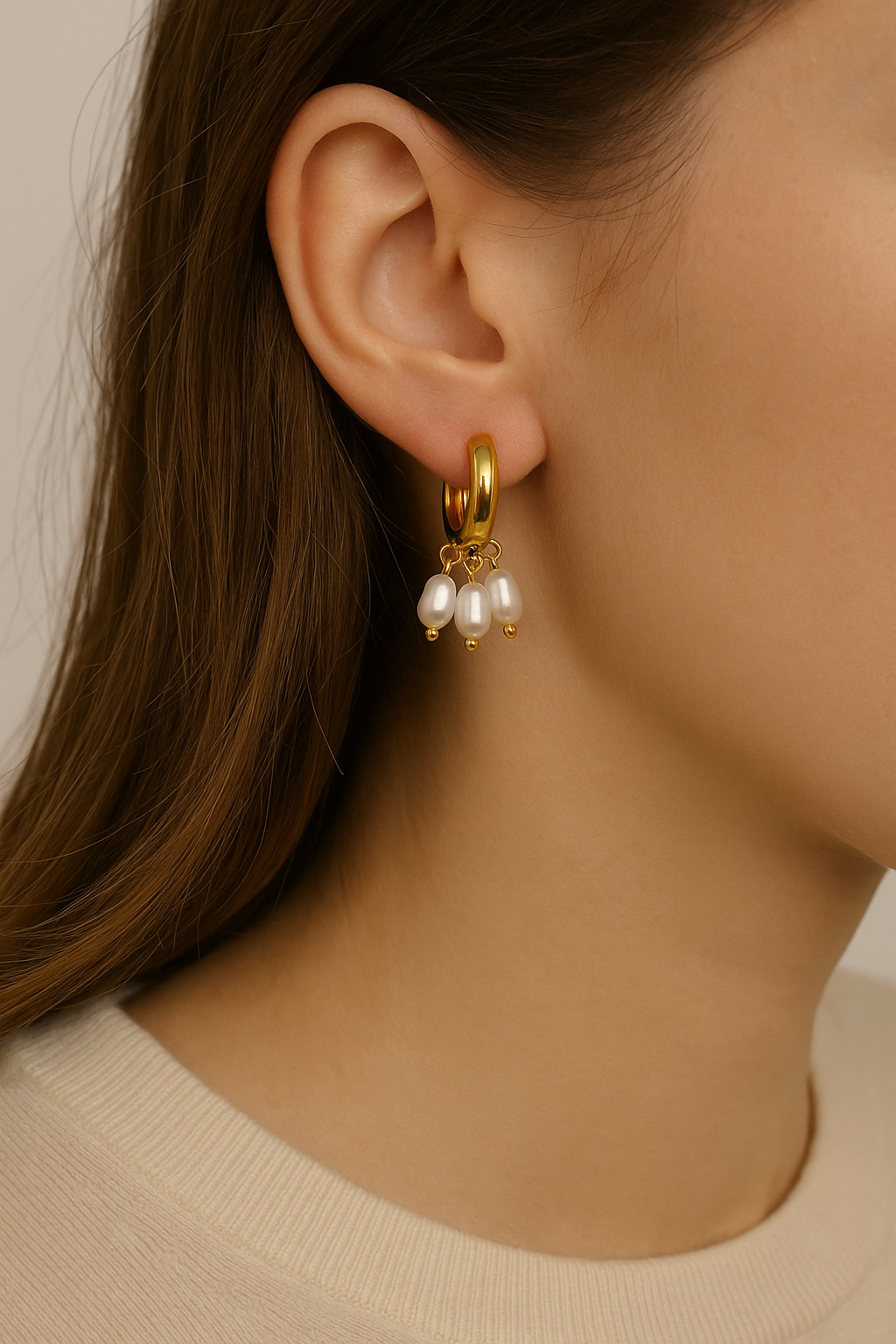 Gold Pearl Drop Hoop Earrings