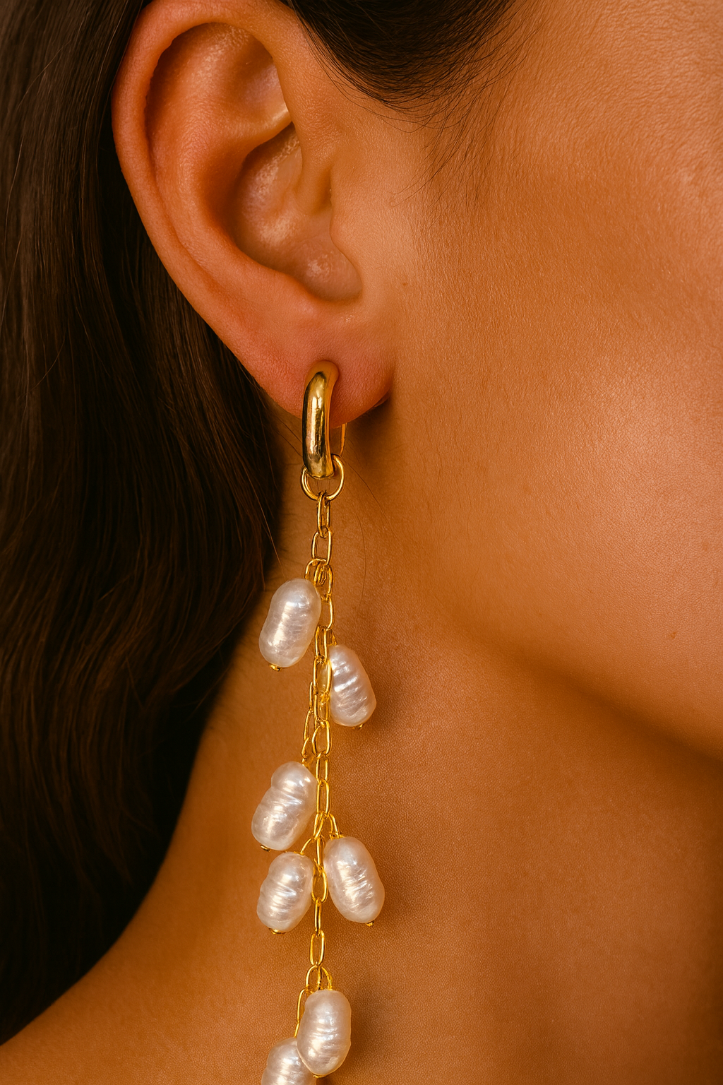 Gold Hoop Earrings with Pearl Chain Drops