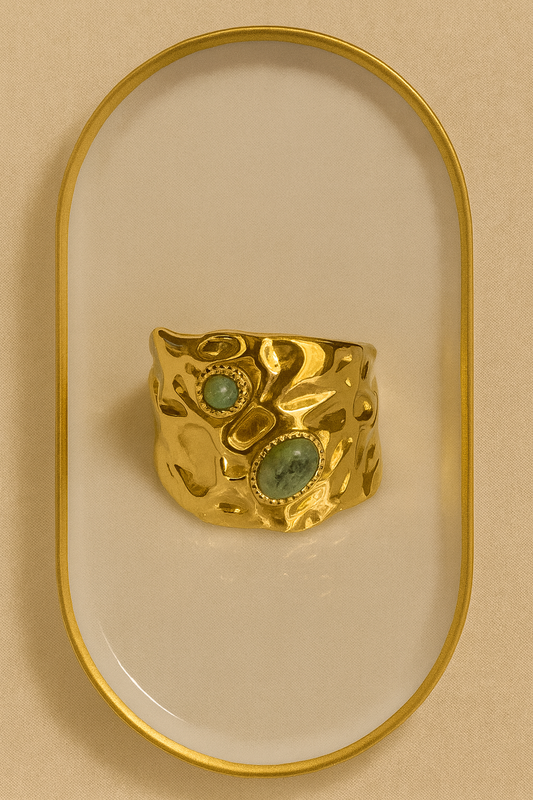 Gold Stainless Steel Cuff Ring with Green Stones